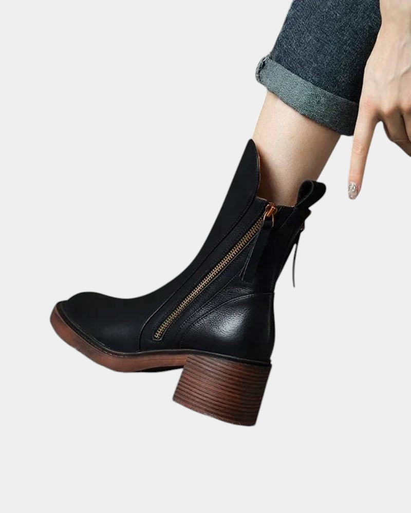 ELIZA & MAREN | ROUND TOE BLOCK BOOTS FOR WOMEN on light gray background