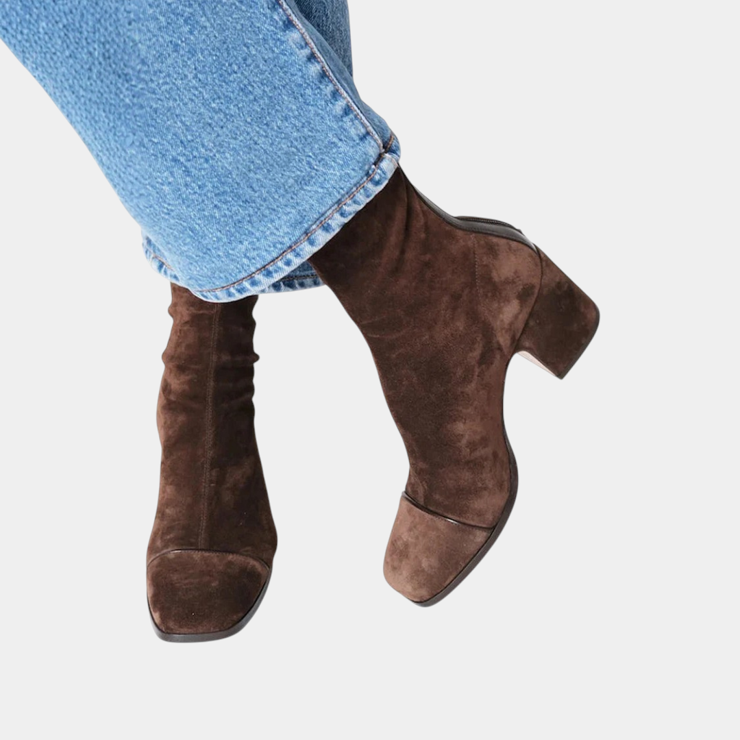 ELIZA & MAREN | SQUARE TOE HEELED BOOTS FOR WOMEN on light gray background