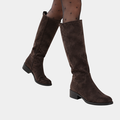 ELIZA & MAREN | STRAIGHT SHAFT TALL BOOTS FOR WOMEN on light gray background