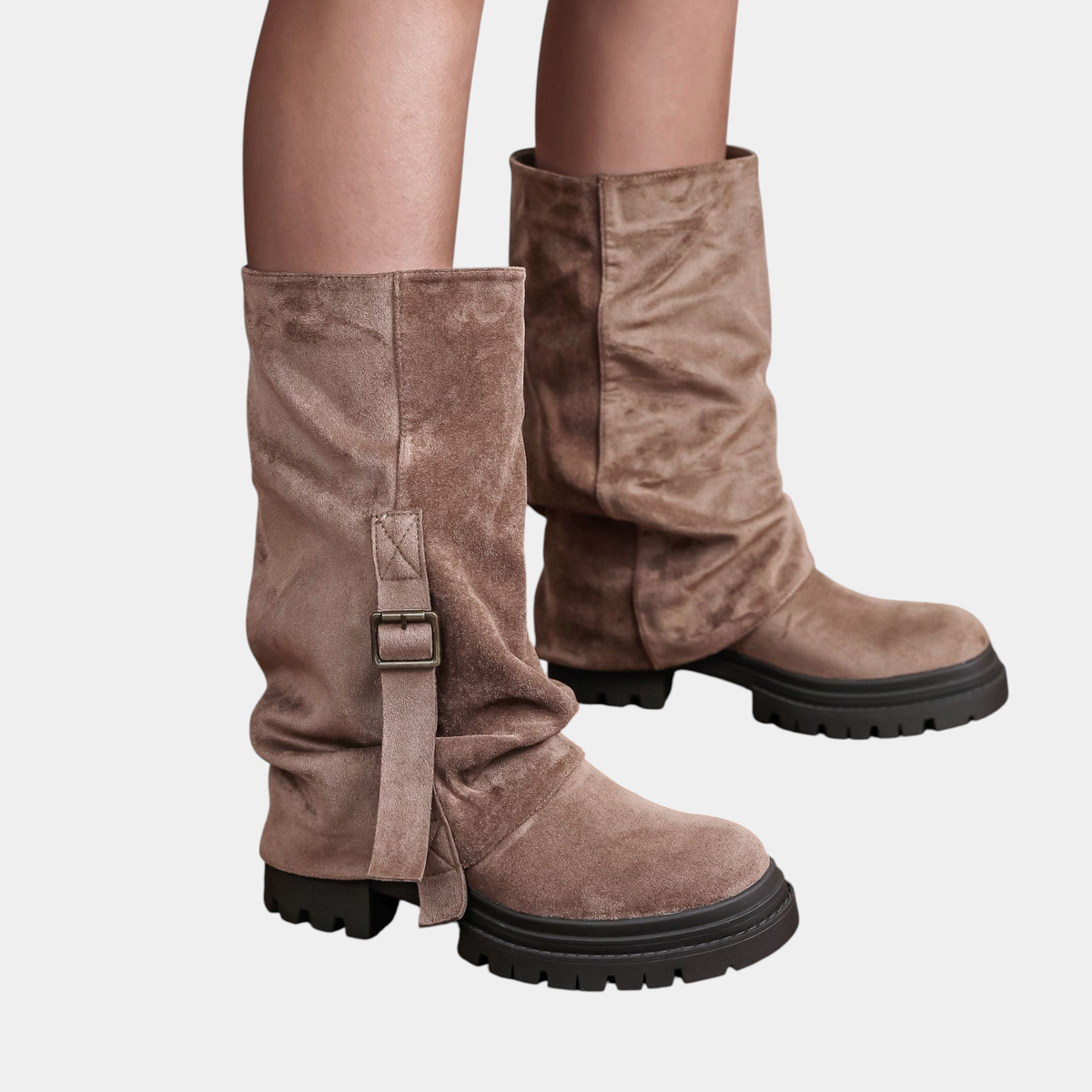 ELIZA & MAREN | STRAP MID CALF BOOTS FOR WOMEN on light gray background