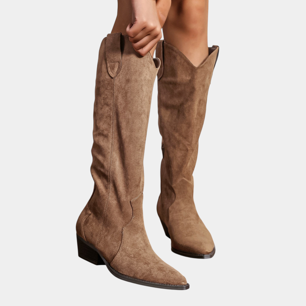 ELIZA & MAREN | WESTERN POINTED TALL BOOTS FOR WOMEN on light gray background