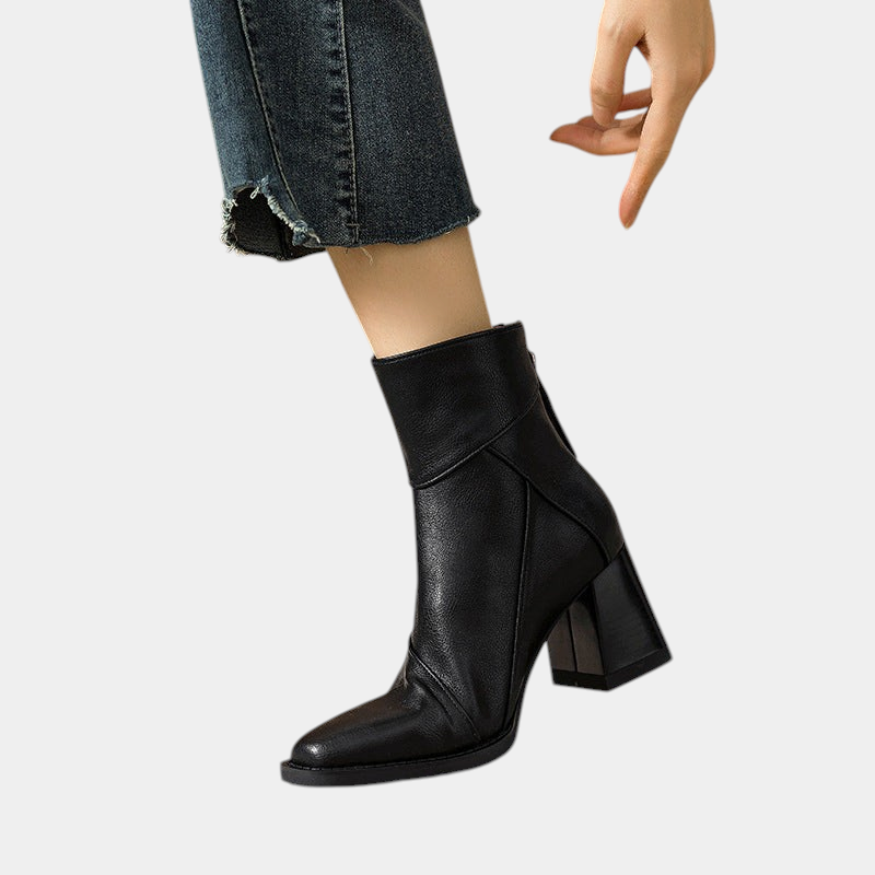 ELIZA & MAREN | ZIPPER BLOCK HEEL BOOTS FOR WOMEN on light gray background