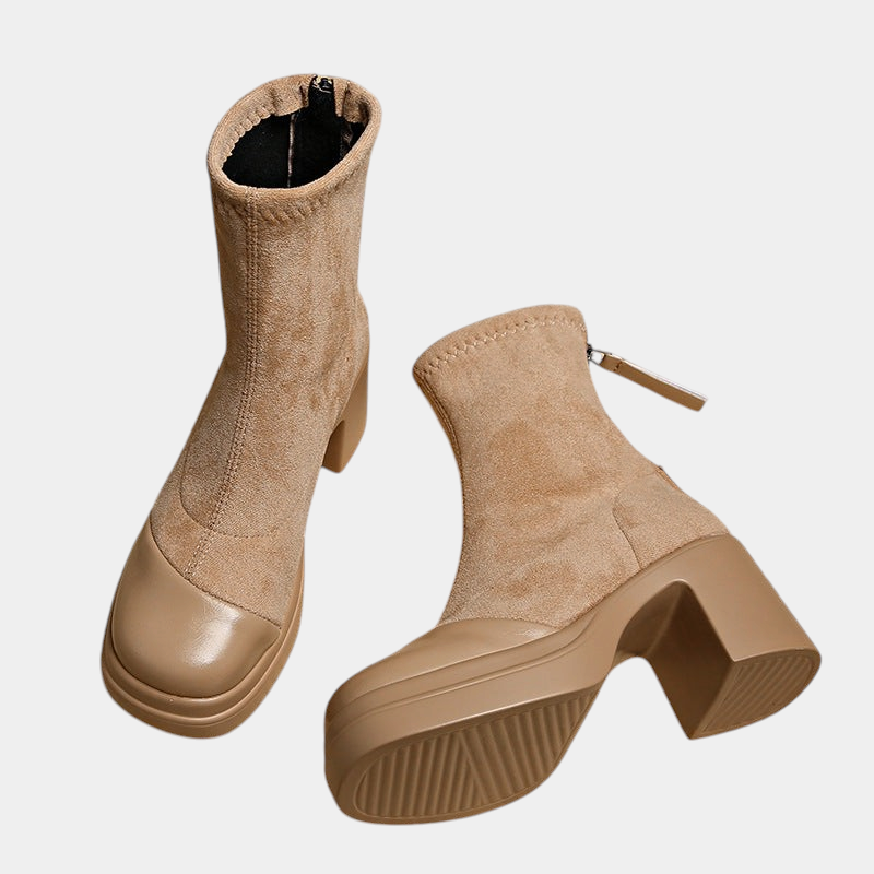 ELIZA & MAREN | ROUND TOE HEELED BOOTS FOR WOMEN on light gray background