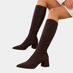 ELIZA & MAREN | ELASTIC SHAFT BLOCK BOOTS FOR WOMEN on light gray background