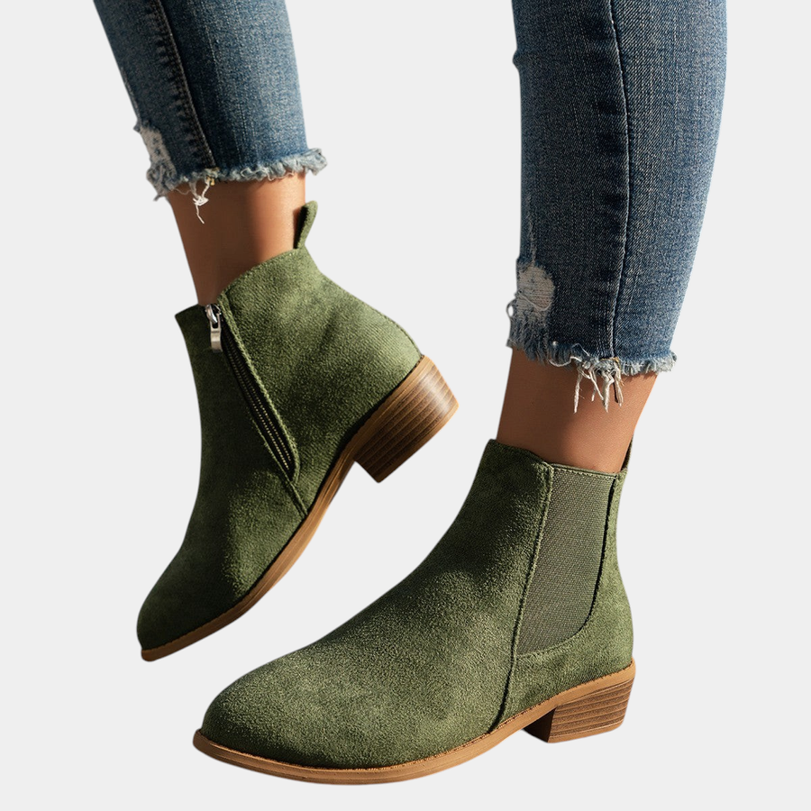 ELIZA & MAREN | ALMOND TOE ANKLE BOOTS FOR WOMEN on light gray background