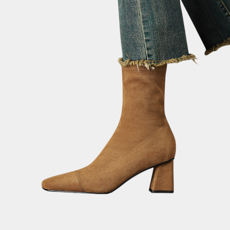 ELIZA & MAREN | SIDE ZIP HEELED BOOTS FOR WOMEN on light gray background