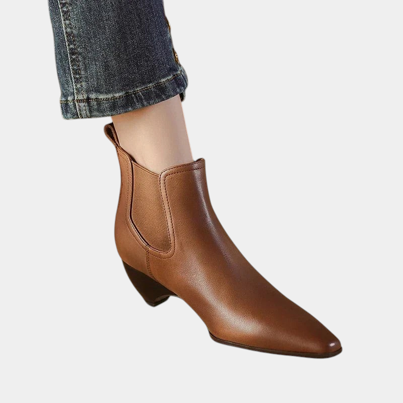 ELIZA & MAREN | CURVED HEEL ANKLE BOOTS FOR WOMEN on light gray background