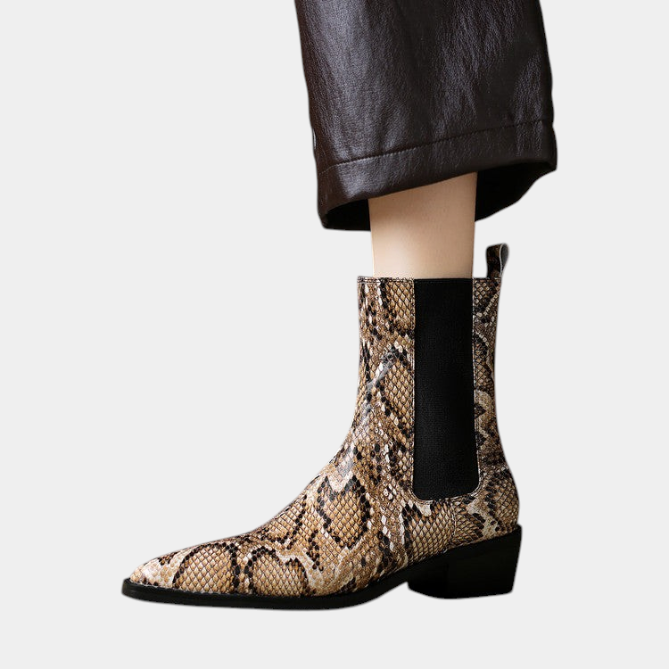 ELIZA & MAREN | SNAKE EFFECT ANKLE BOOTS FOR WOMEN on light gray background