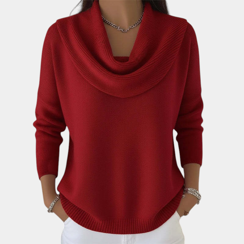 ELIZA & MAREN | DRAPED NECK KNIT SWEATER FOR WOMEN on light gray background