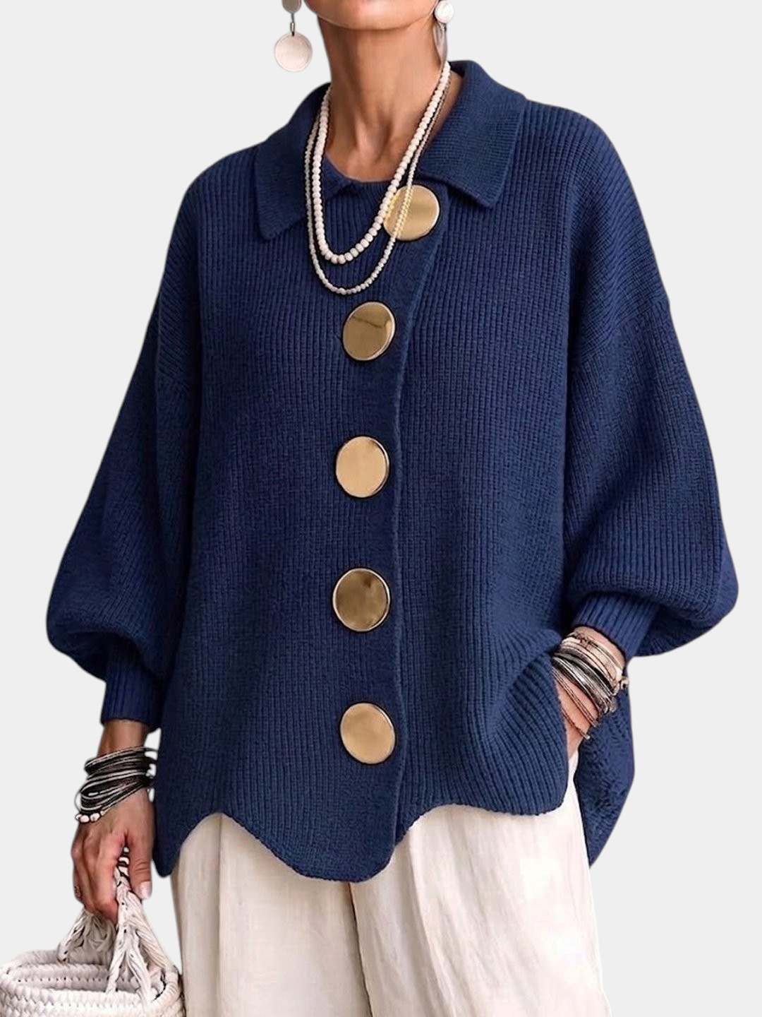 ELIZA & MAREN | OVERSIZED METAL BUTTON CARDIGAN FOR WOMEN on light gray background