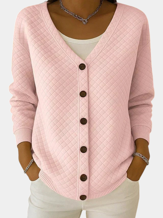 ELIZA & MAREN | QUILTED BUTTON FRONT CARDIGAN FOR WOMEN on light gray background