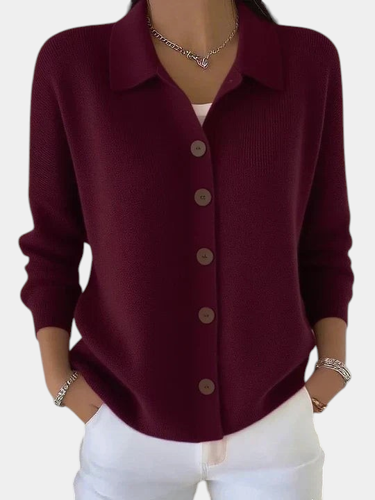 ELIZA & MAREN | COLLARED BUTTON FRONT CARDIGAN FOR WOMEN on light gray background