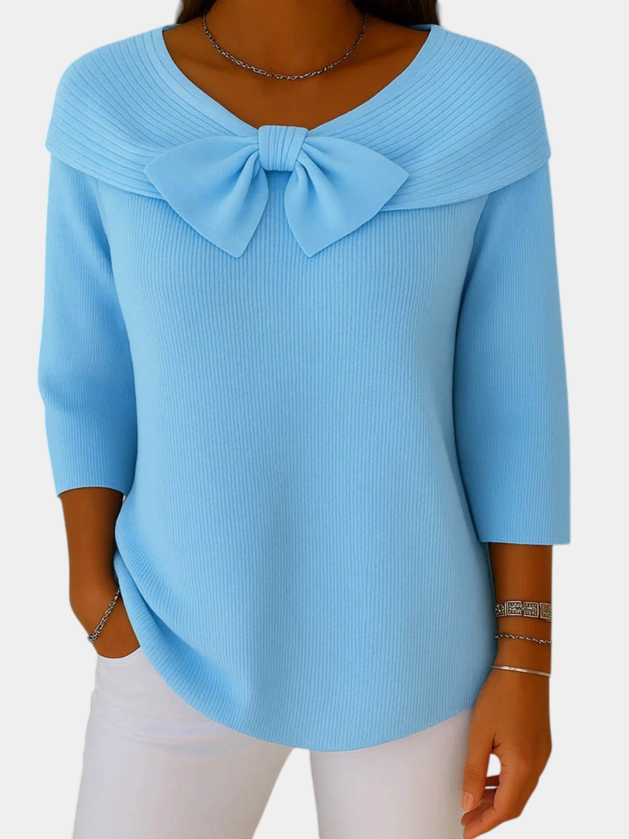 ELIZA & MAREN | BOW DETAIL CREW NECK SWEATER FOR WOMEN on light gray background