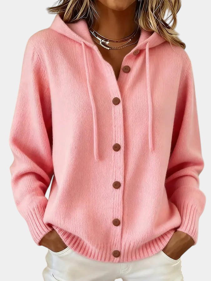 ELIZA & MAREN | BUTTON FRONT HOODED CARDIGAN FOR WOMEN on light gray background