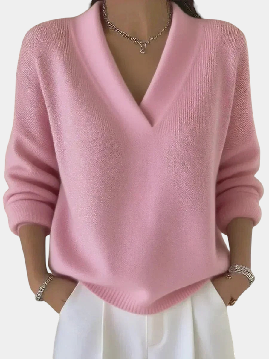 ELIZA & MAREN | SOFT V-NECK EVERYDAY SWEATER FOR WOMEN on light gray background