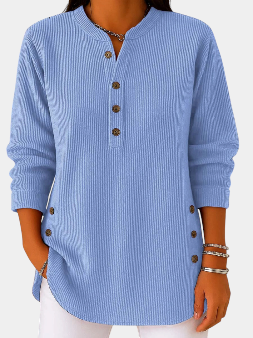 ELIZA & MAREN | LONG HENLEY BUTTON TUNIC FOR WOMEN on light gray background