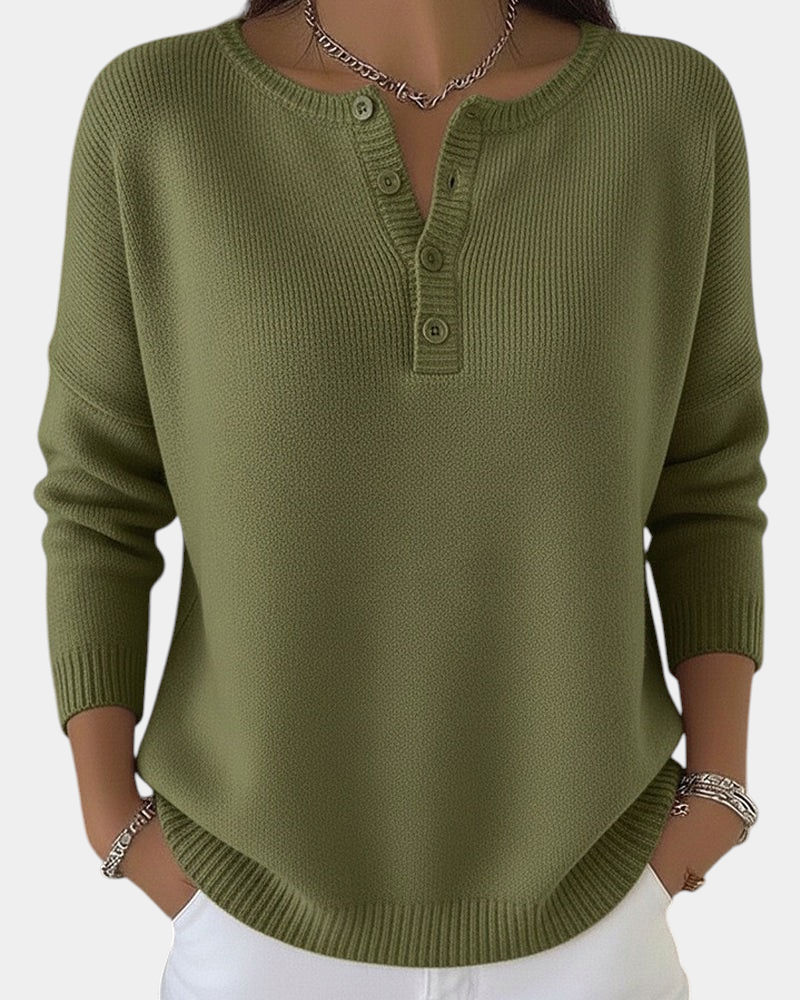 ELIZA & MAREN | HENLEY BUTTON KNIT SWEATER FOR WOMEN on light gray background