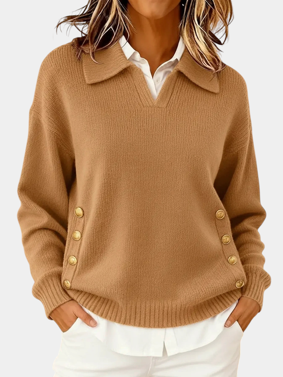 ELIZA & MAREN | POLO NECK BUTTON SWEATER FOR WOMEN on light gray background