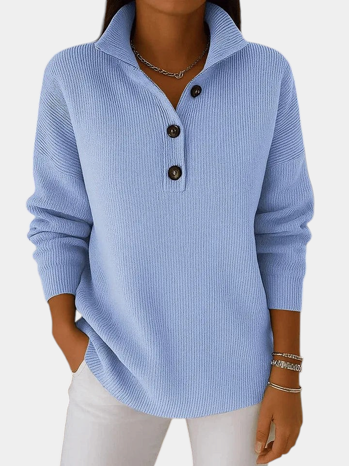 ELIZA & MAREN | V-NECK POLO KNIT SWEATER FOR WOMEN on light gray background