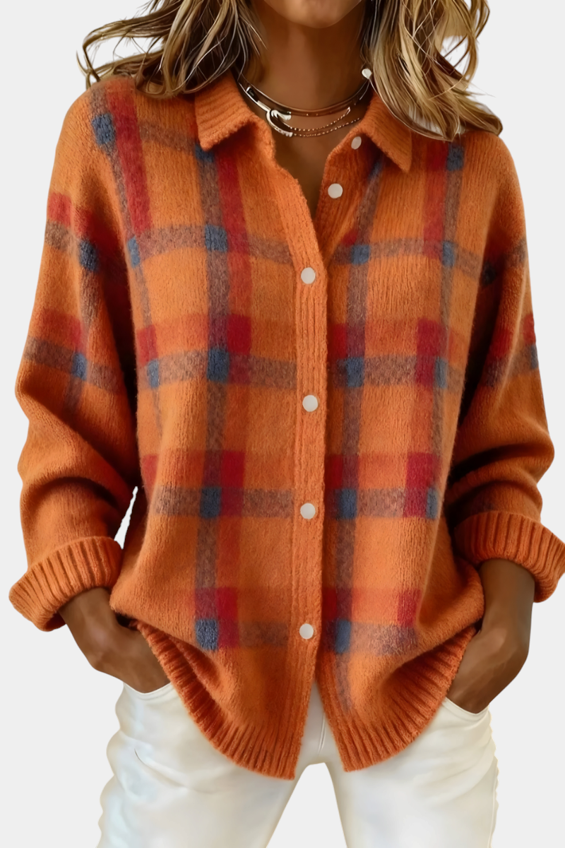 ELIZA & MAREN | CHECKERED BUTTON KNIT CARDIGAN FOR WOMEN on light gray background