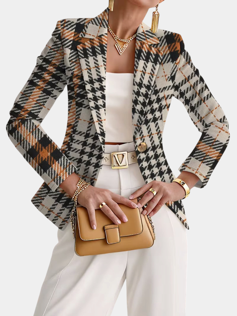 ELIZA & MAREN | BEIGE HOUNDSTOOTH BLAZER FOR WOMEN on light gray background