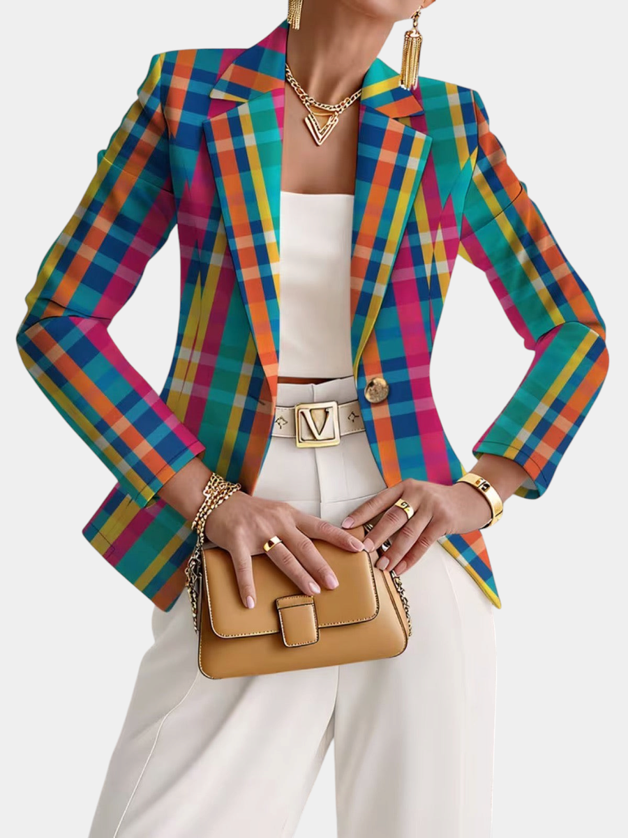 ELIZA & MAREN | RAINBOW PLAID BLAZER FOR WOMEN on light gray background