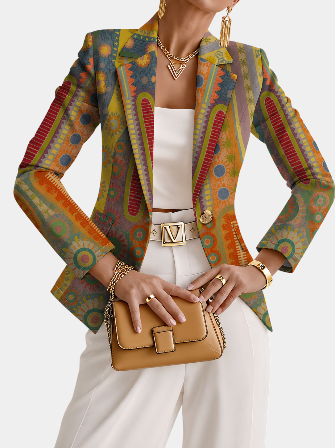 ELIZA & MAREN | BOHEMIAN MEDALLION BLAZER FOR WOMEN on light gray background