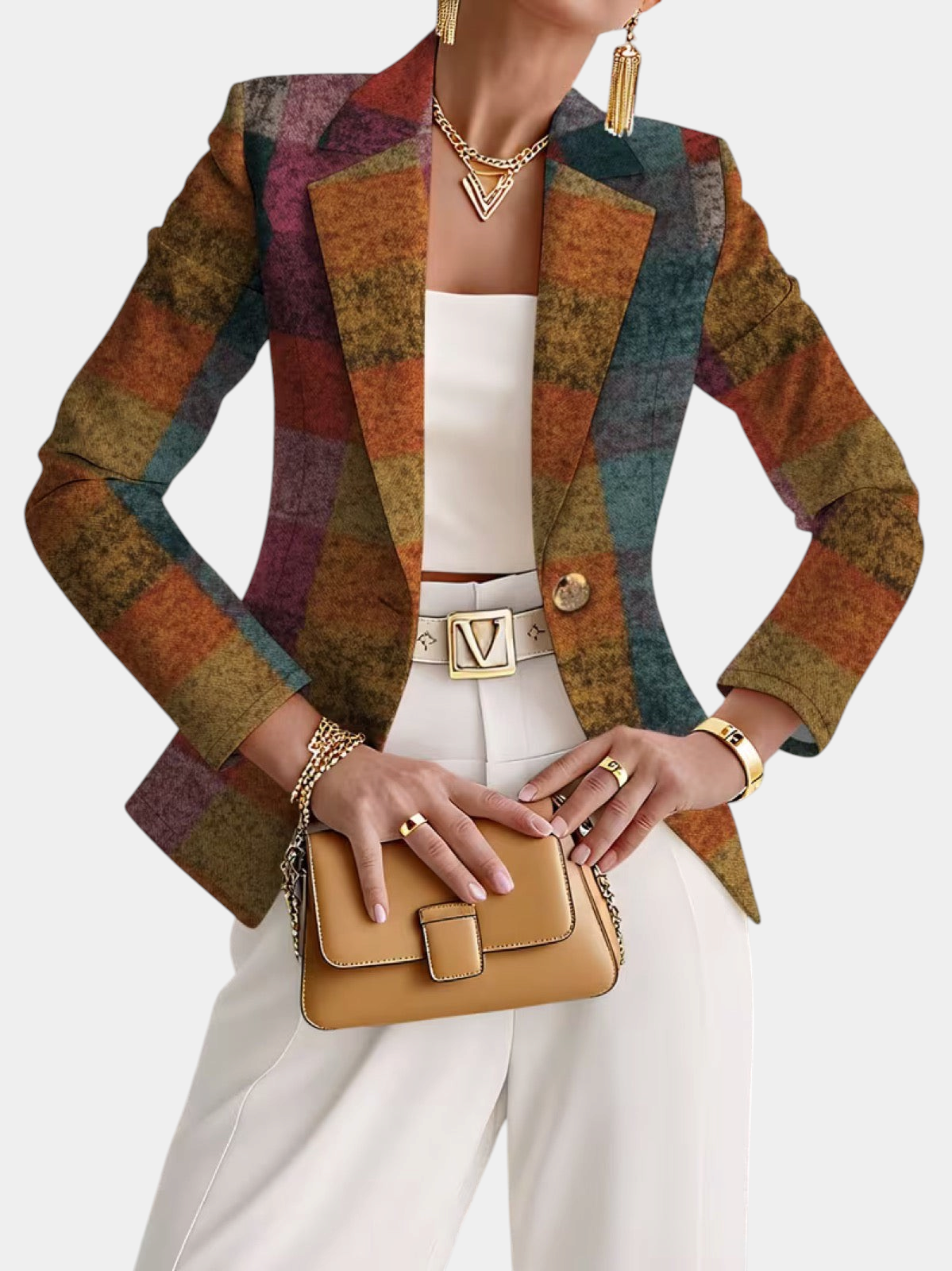 ELIZA & MAREN | AUTUMN PLAID BLAZER FOR WOMEN on light gray background
