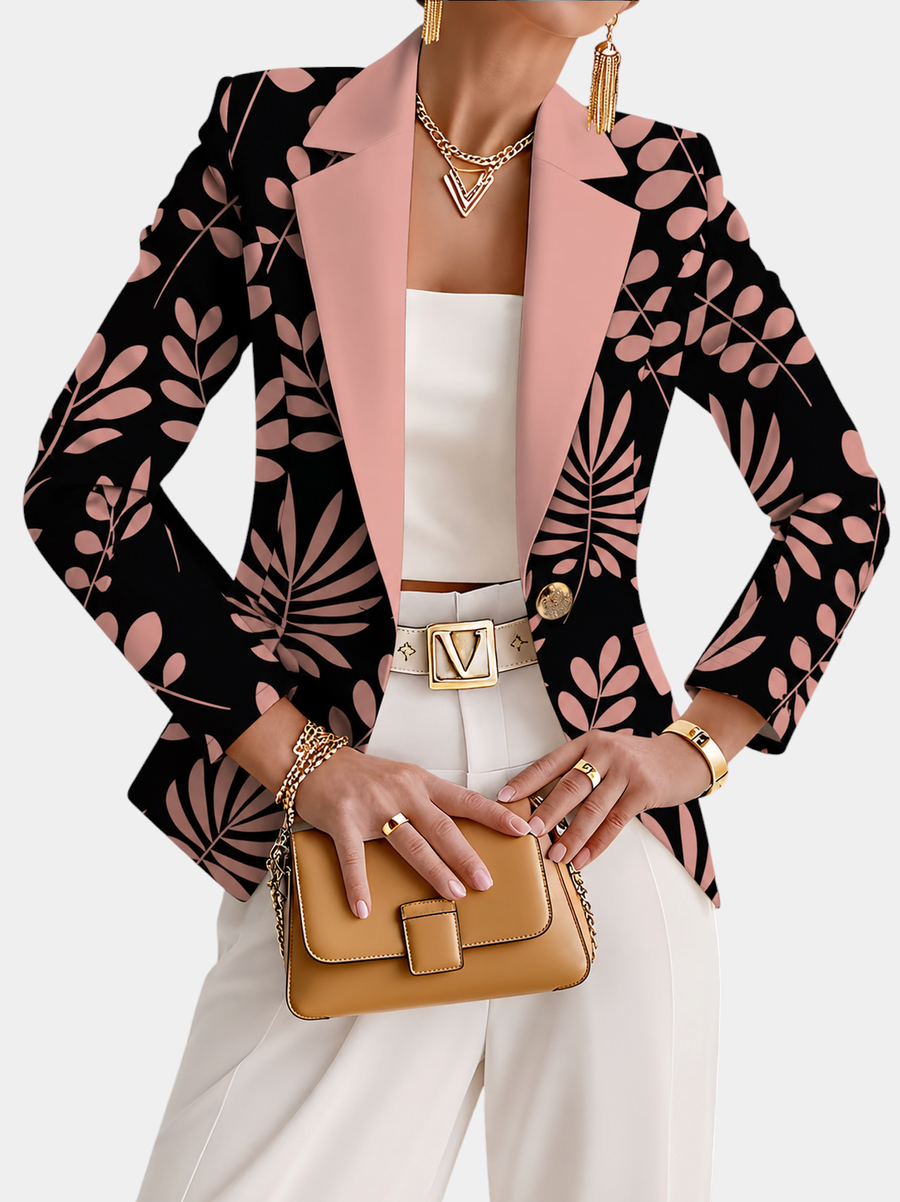 ELIZA & MAREN | PINK BOTANICAL LEAF BLAZER FOR WOMEN on light gray background