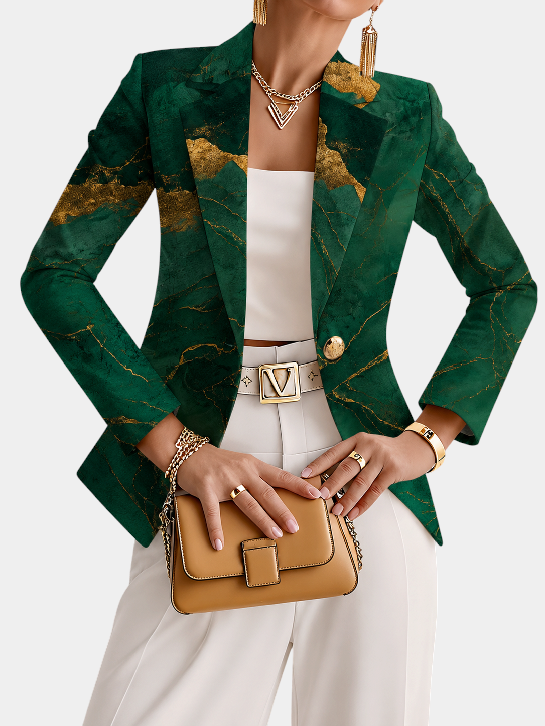 ELIZA & MAREN | EMERALD MARBLE PRINT BLAZER FOR WOMEN on light gray background