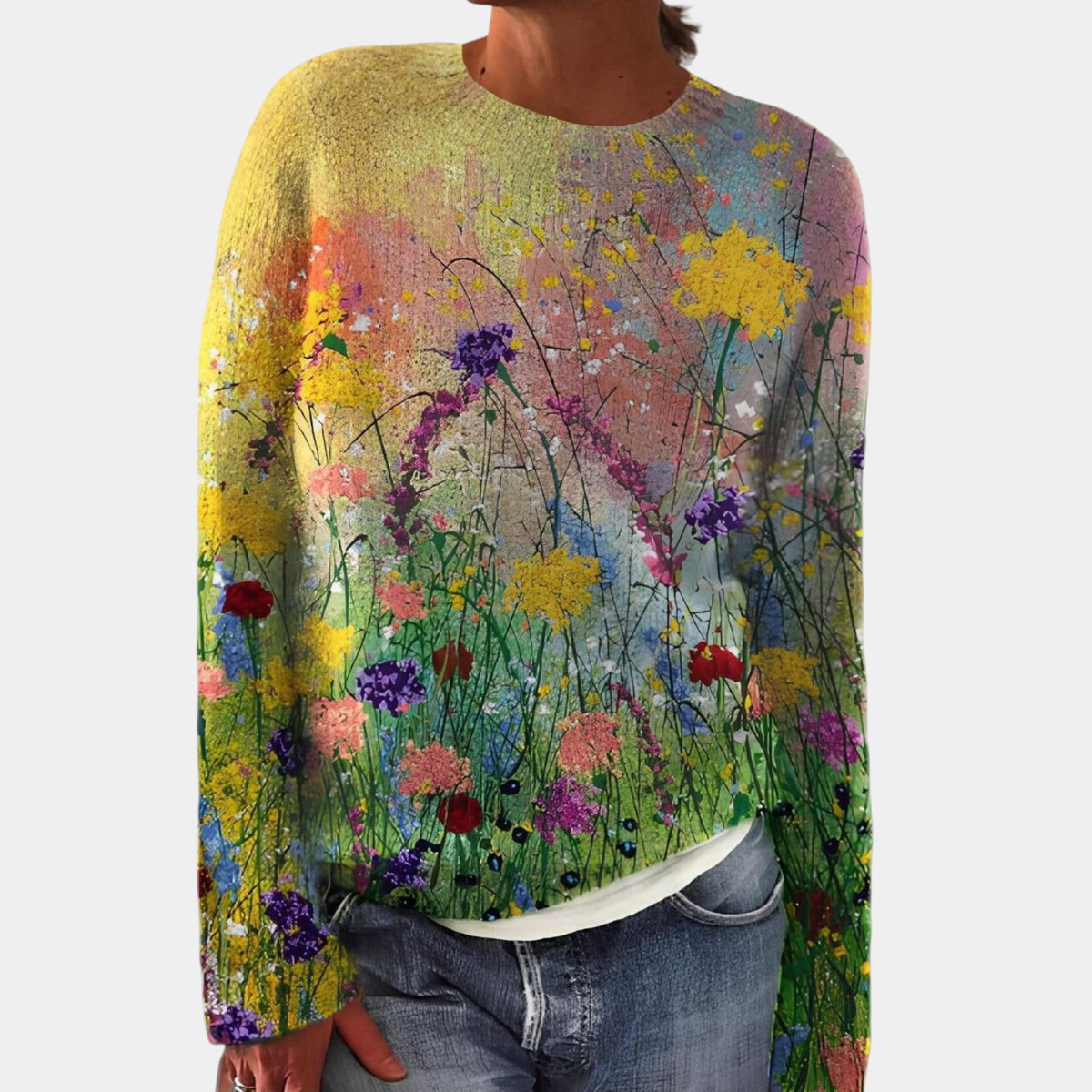 ELIZA & MAREN | TRADITIONAL PATTERN KNIT SWEATER FOR WOMEN on light gray background