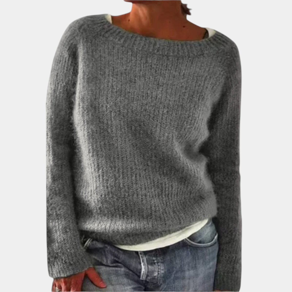 ELIZA & MAREN | COLORFUL RETRO KNIT SWEATSHIRT FOR WOMEN on light gray background