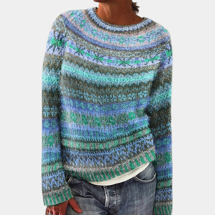 ELIZA & MAREN | FLARED PATTERN KNIT SWEATSHIRT FOR WOMEN on light gray background