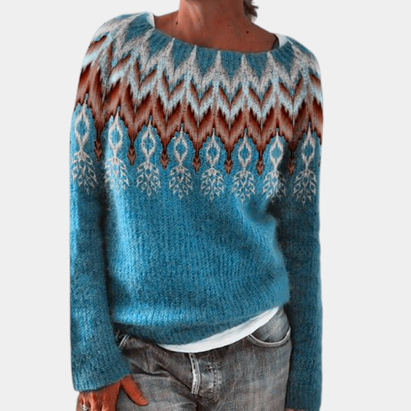 ELIZA & MAREN | FLARED MOTIF KNIT SWEATER FOR WOMEN on light gray background