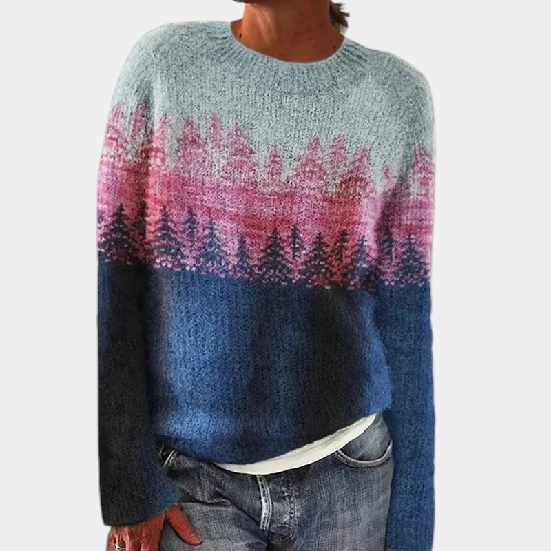 ELIZA & MAREN | FLARED HERITAGE KNIT SWEATER FOR WOMEN on light gray background