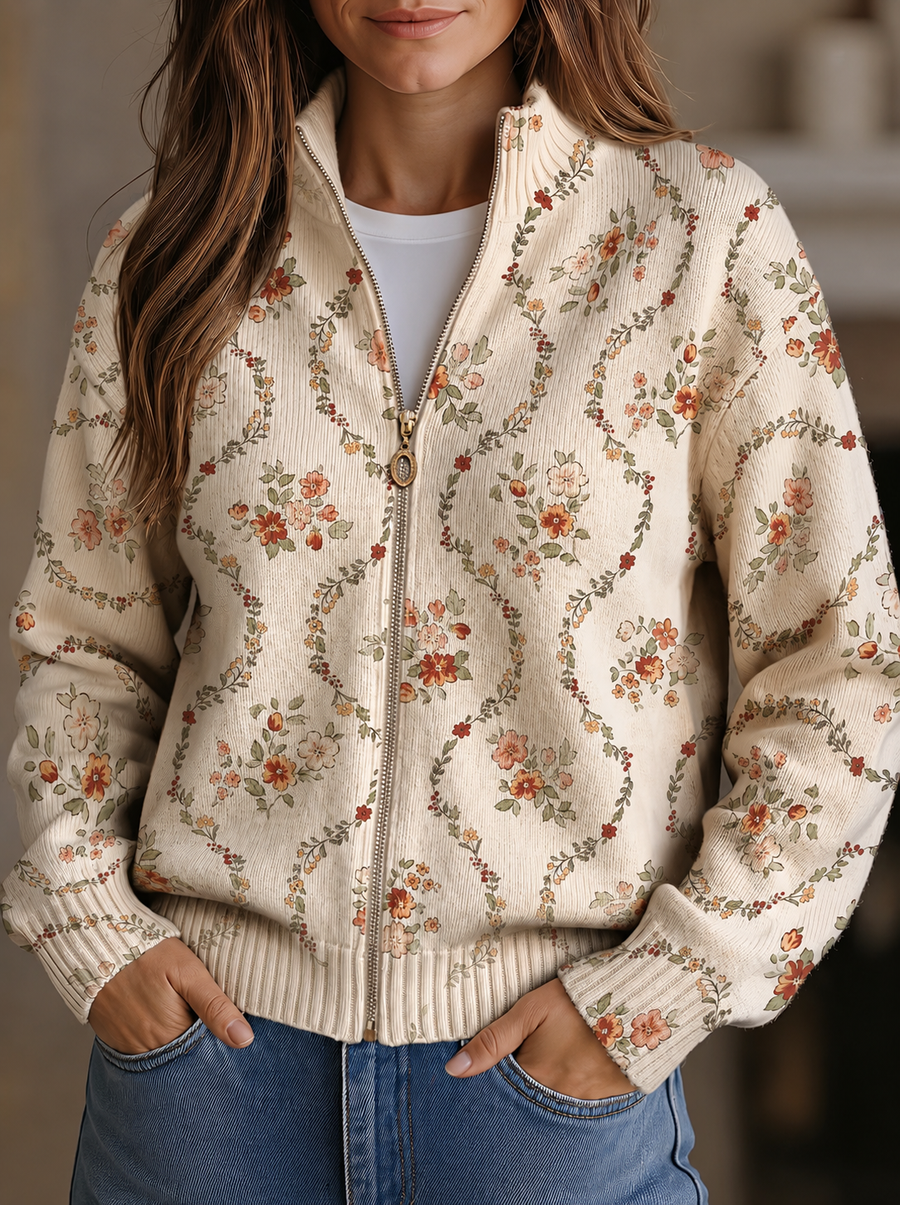 ELIZA & MAREN | FLORAL VINE ZIP CARDIGAN FOR WOMEN