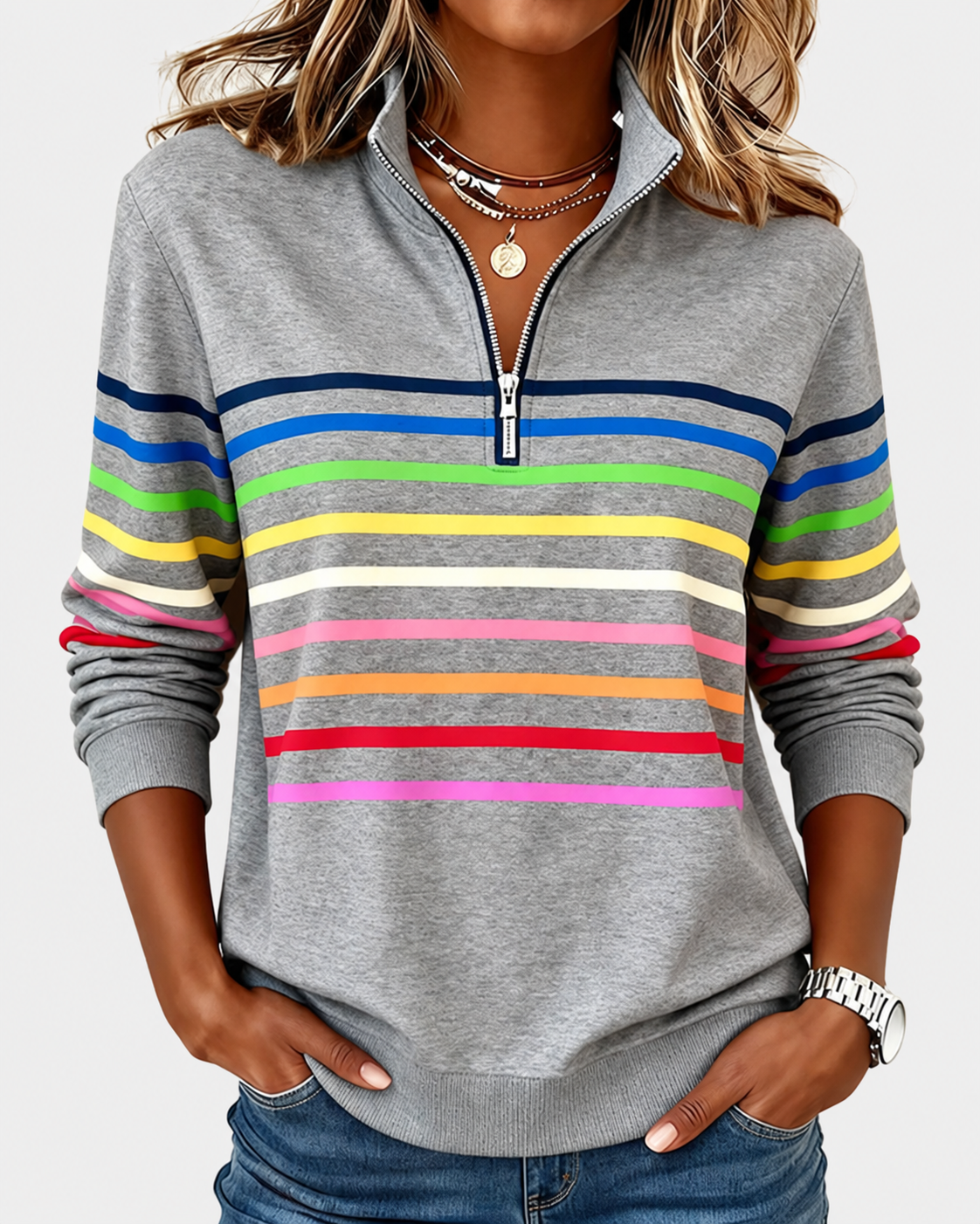ELIZA & MAREN | STRIPED HALF-ZIP PULLOVER FOR WOMEN