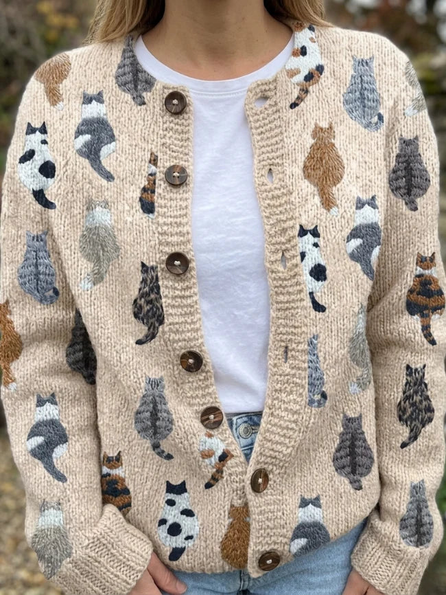 ELIZA & MAREN | CAT PRINT BUTTON CARDIGAN FOR WOMEN