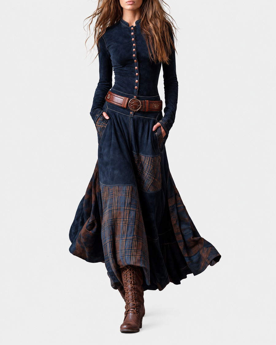 ELIZA & MAREN | BELTED CHECK PANEL DRESS FOR WOMEN