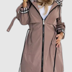 Taupe coat with checked hood shown on a model