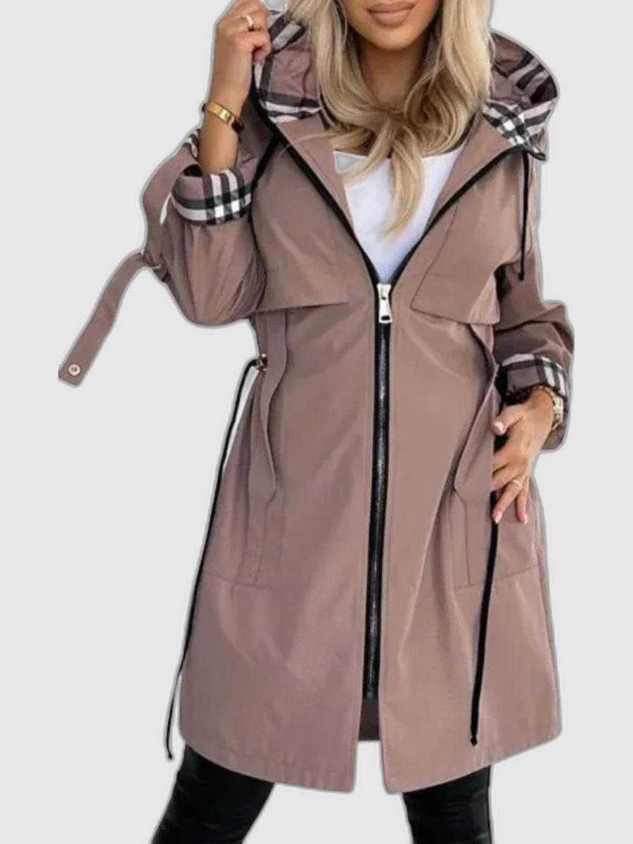 Taupe coat with checked hood shown on a model