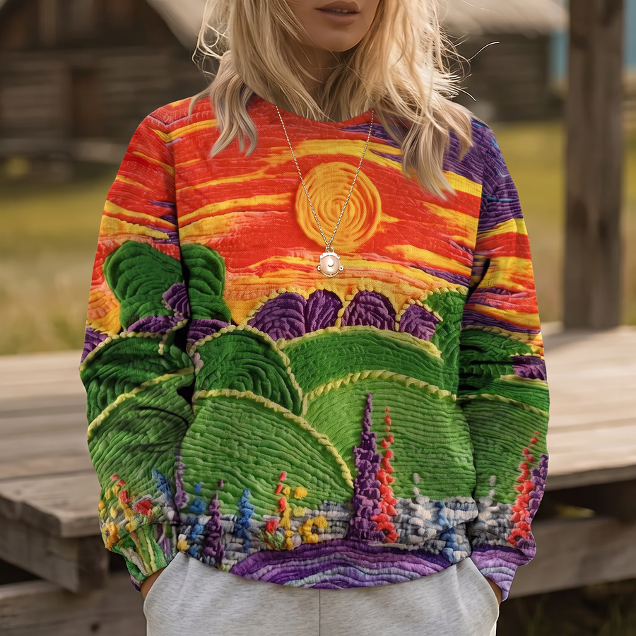 ELIZA & MAREN | SUNBURST LANDSCAPE PRINT SWEATER FOR WOMEN