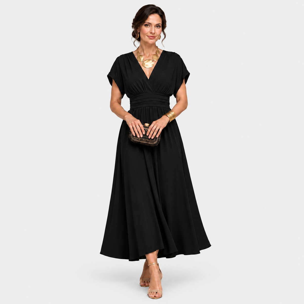 ELIZA & MAREN | V-NECK WRAP MIDI DRESS FOR WOMEN