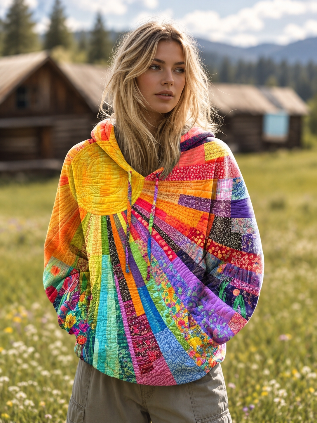 ELIZA & MAREN | MULTICOLOR PATCHWORK PRINT HOODIE FOR WOMEN