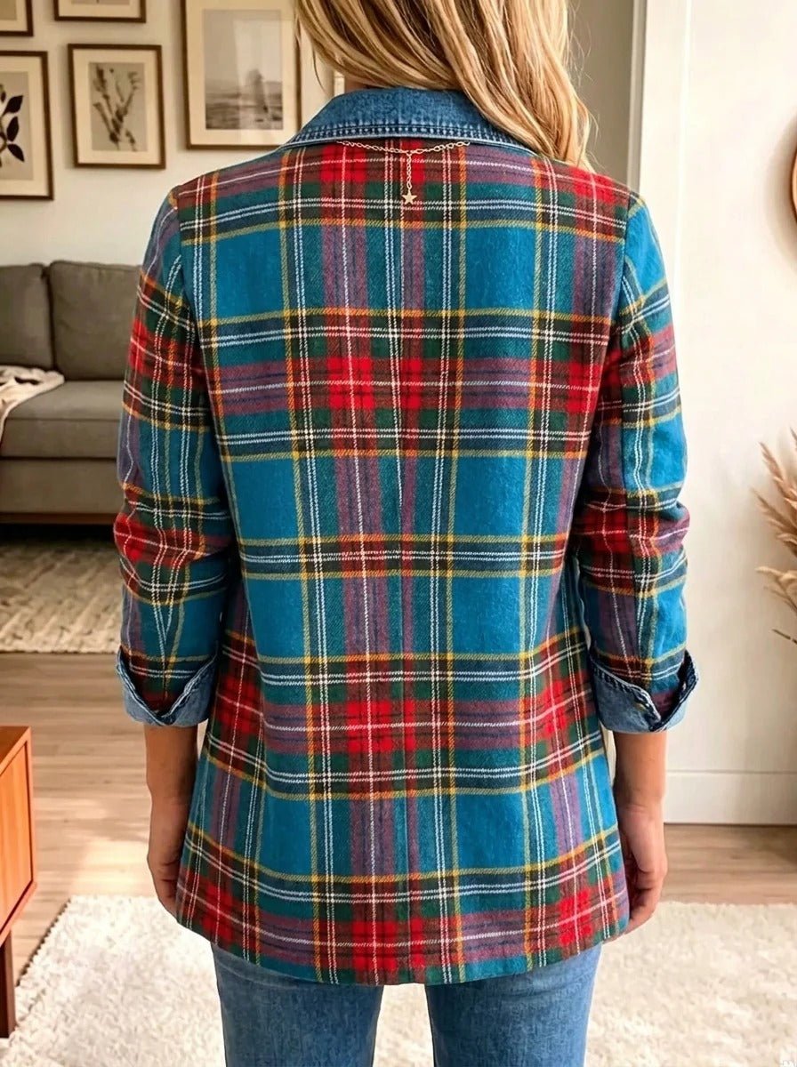 ELIZA & MAREN | BLUE TARTAN DENIM BLAZER FOR WOMEN