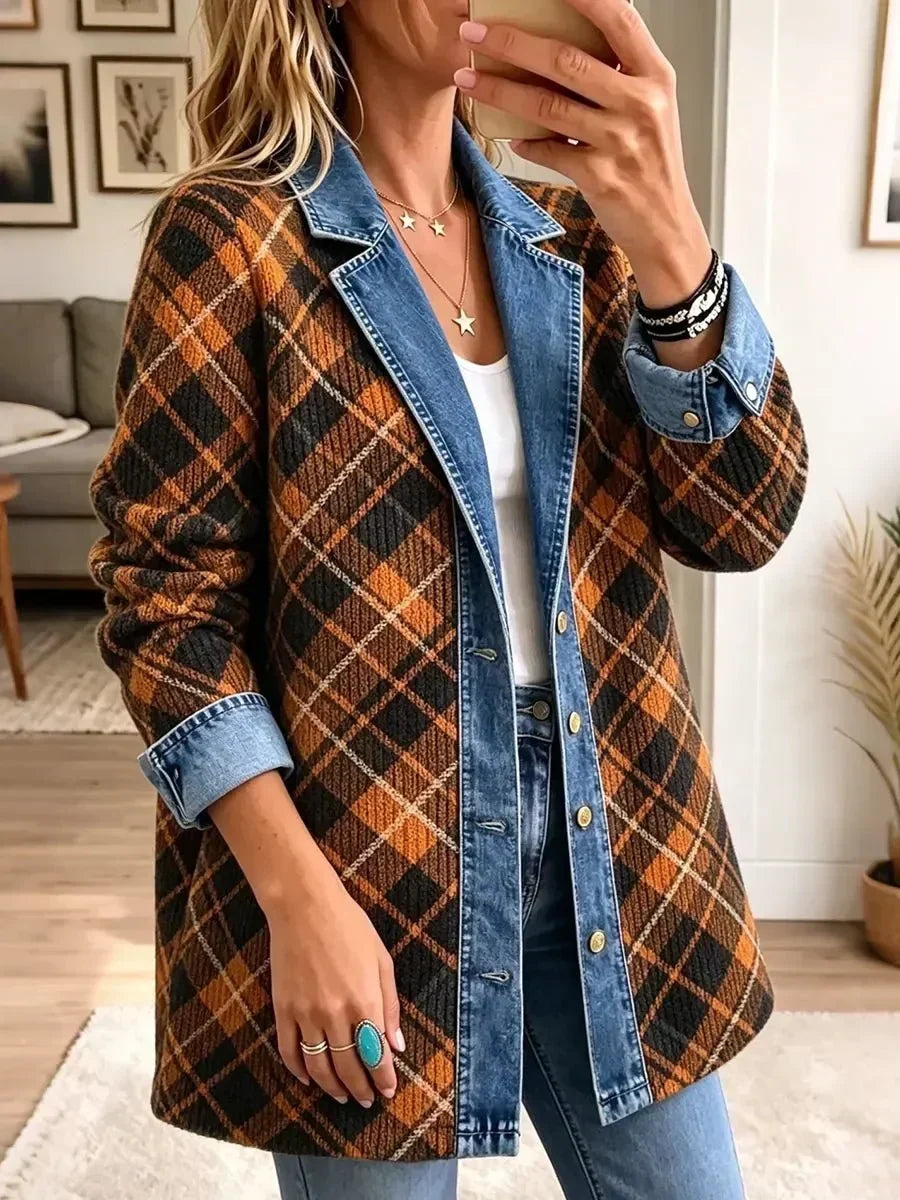 ELIZA & MAREN | BROWN CHECKED DENIM JACKET FOR WOMEN