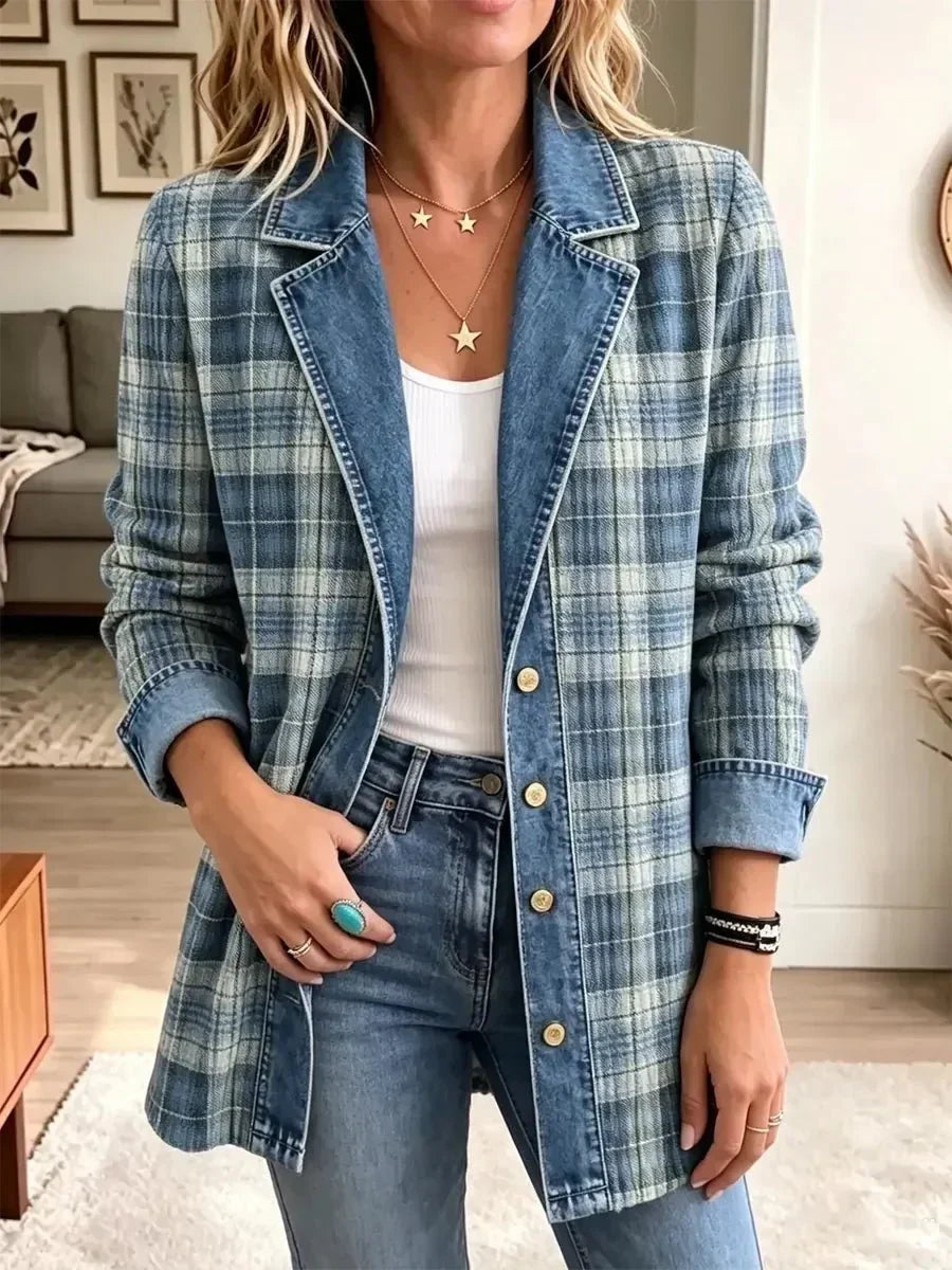 ELIZA & MAREN | BLUE CHECKERED DENIM JACKET FOR WOMEN
