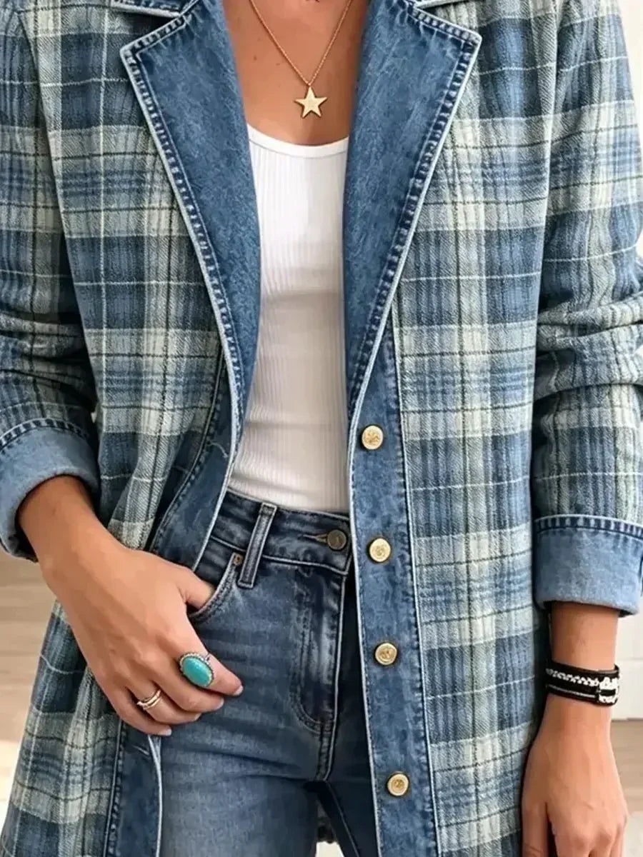 ELIZA & MAREN | BLUE CHECKERED DENIM JACKET FOR WOMEN