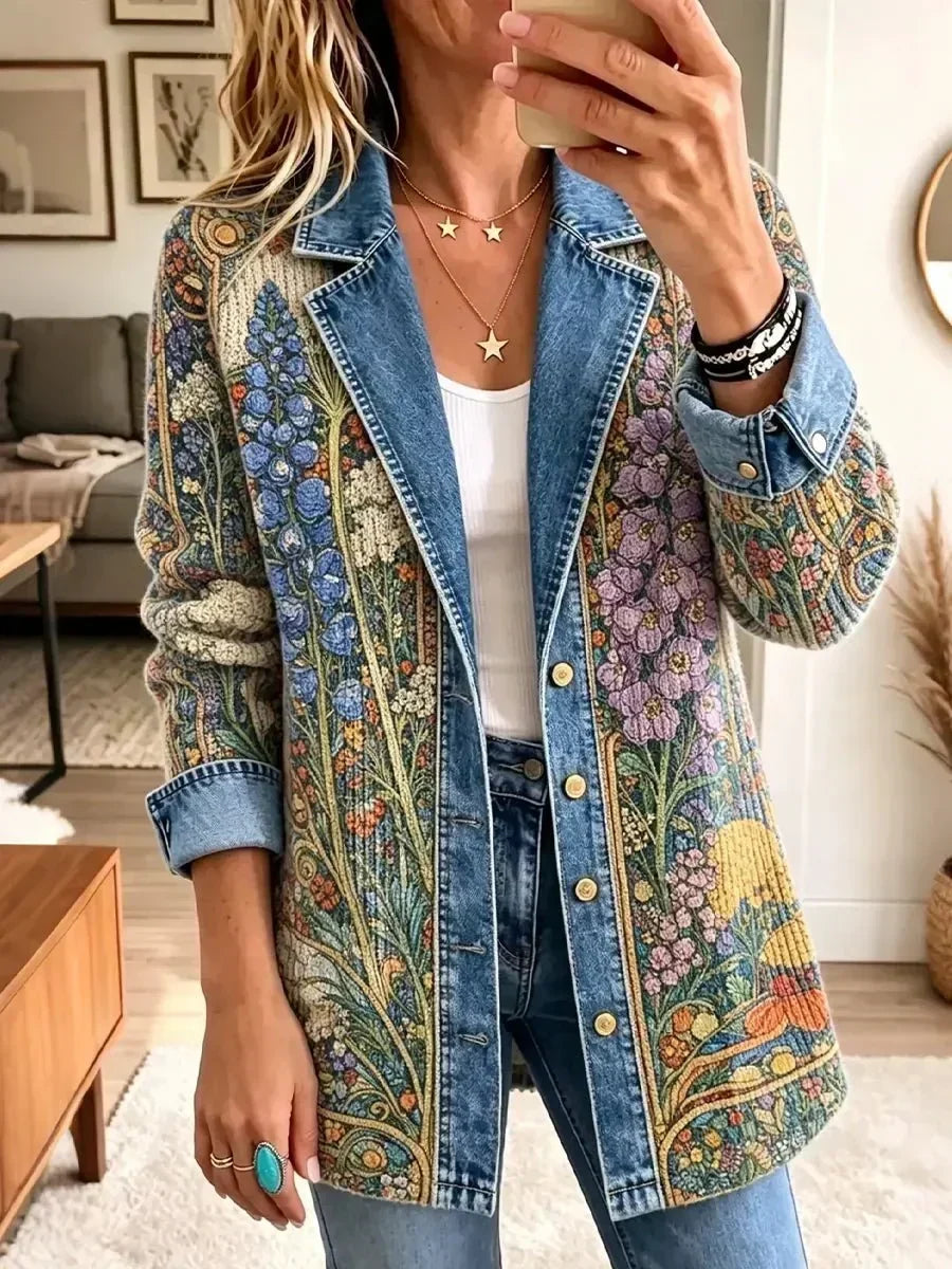 ELIZA & MAREN | FLORAL MOTIF DENIM JACKET FOR WOMEN