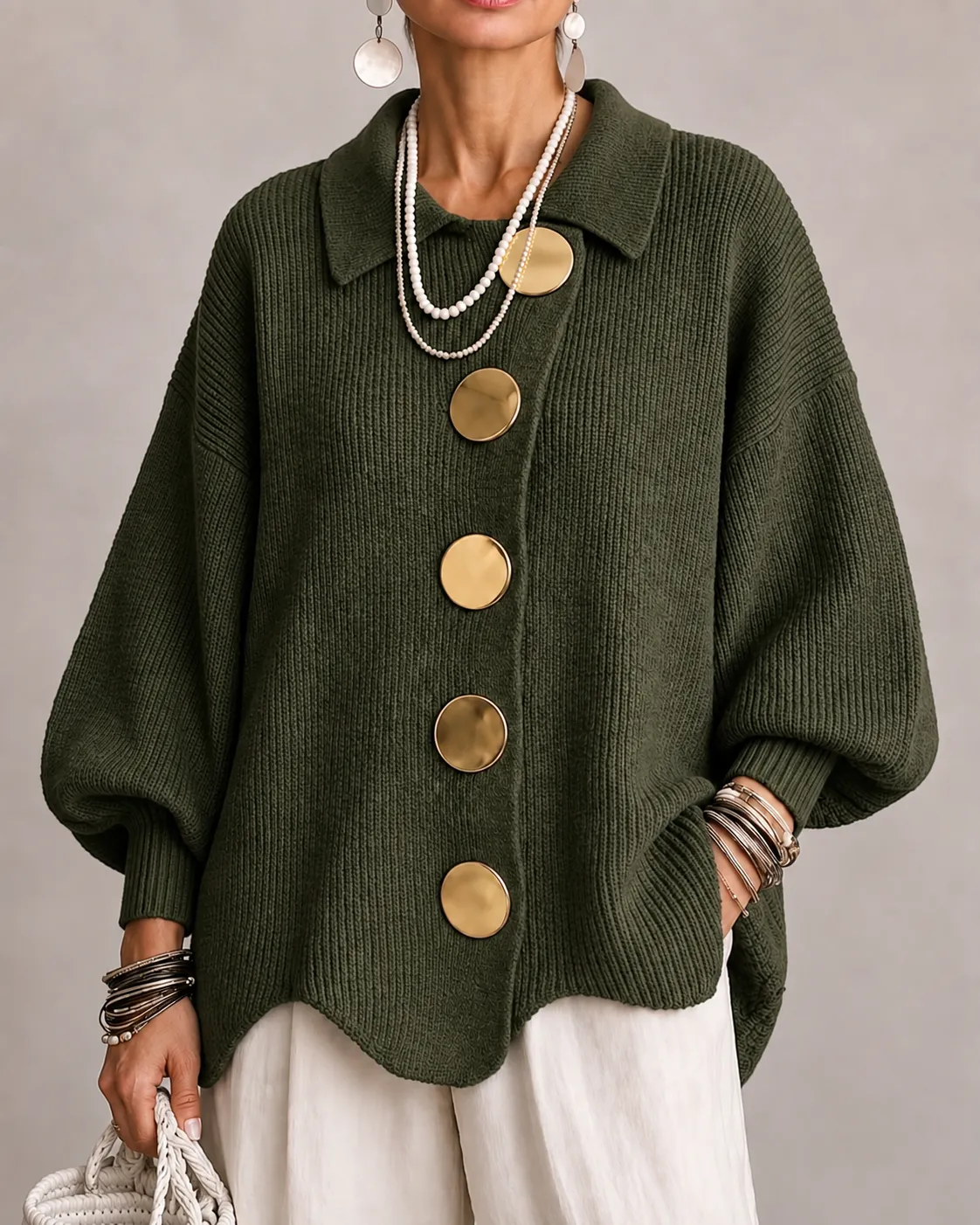 ELIZA & MAREN | OVERSIZED METAL BUTTON CARDIGAN FOR WOMEN